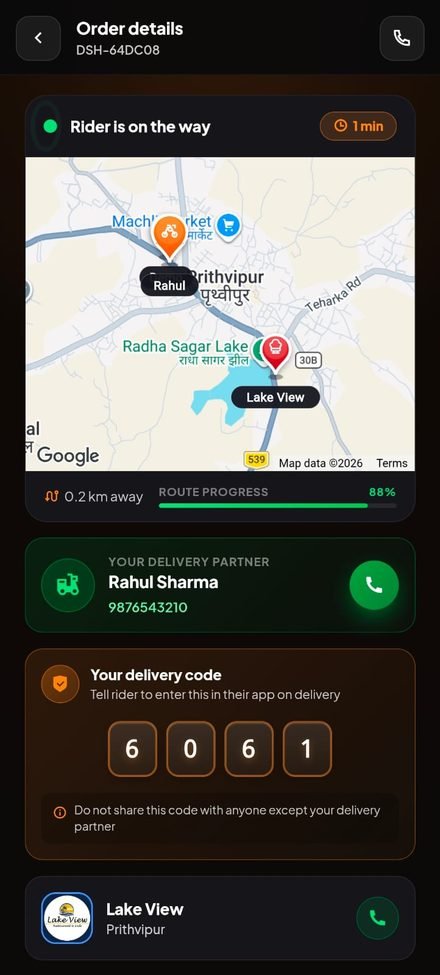 Dishtro app — live order tracking with rider on the map