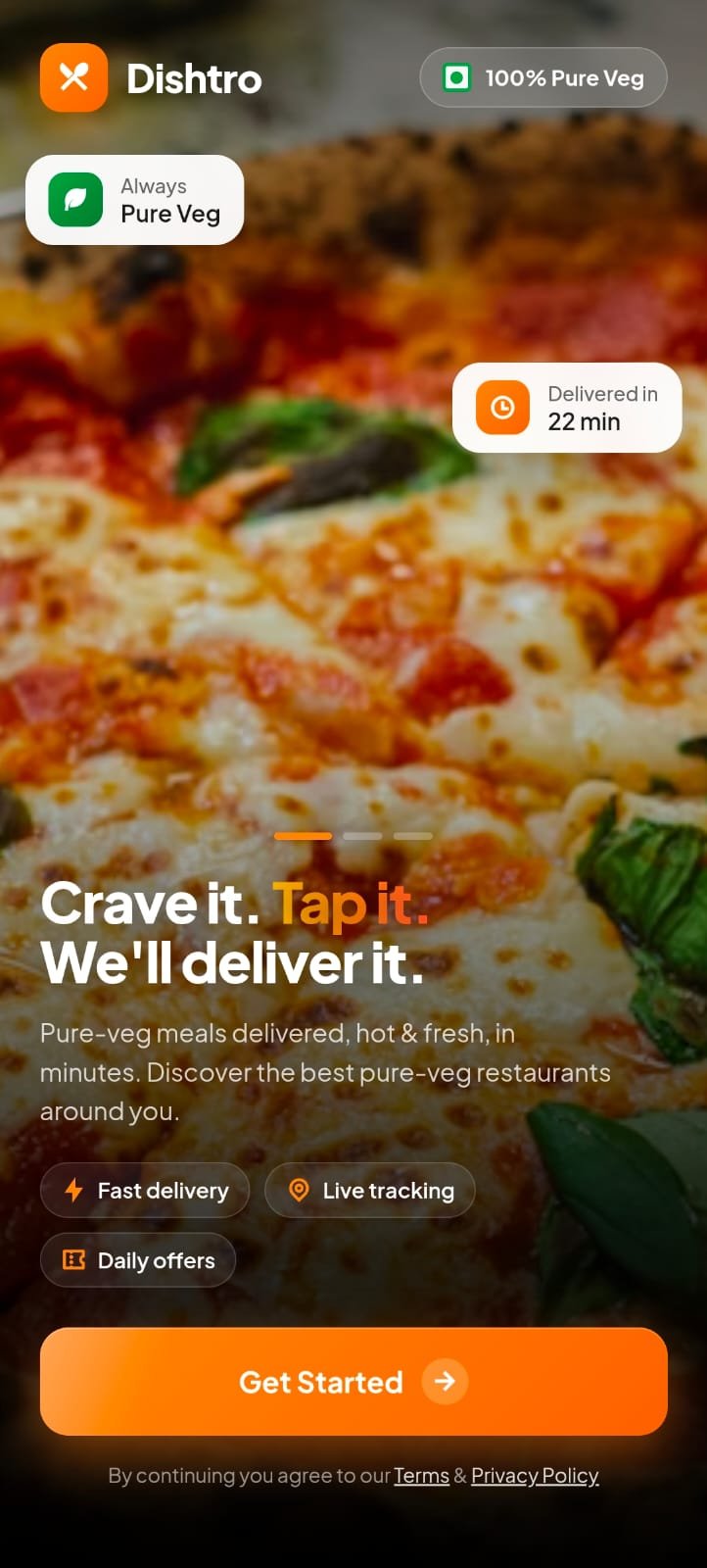 Dishtro app — browse pure veg dishes near you